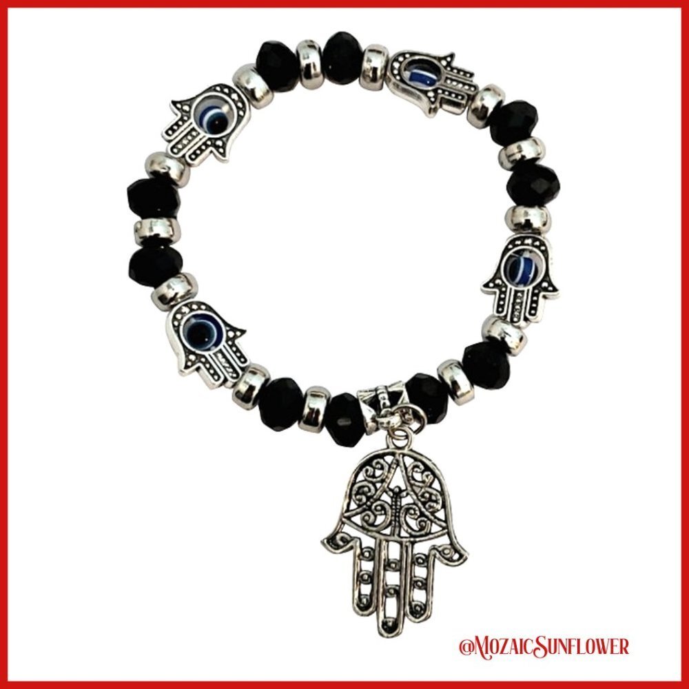 Black Sparkling Crystals Evil Eye Stainless Hamsa Charm Silver Stretch Bracelet